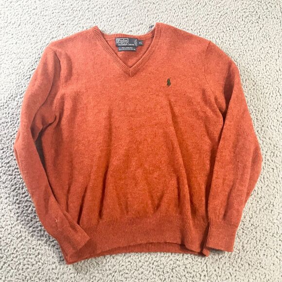 Polo Ralph Lauren Sweater Mens XL‎ Orange 100% Lambswool V Neck Pullover Preppy